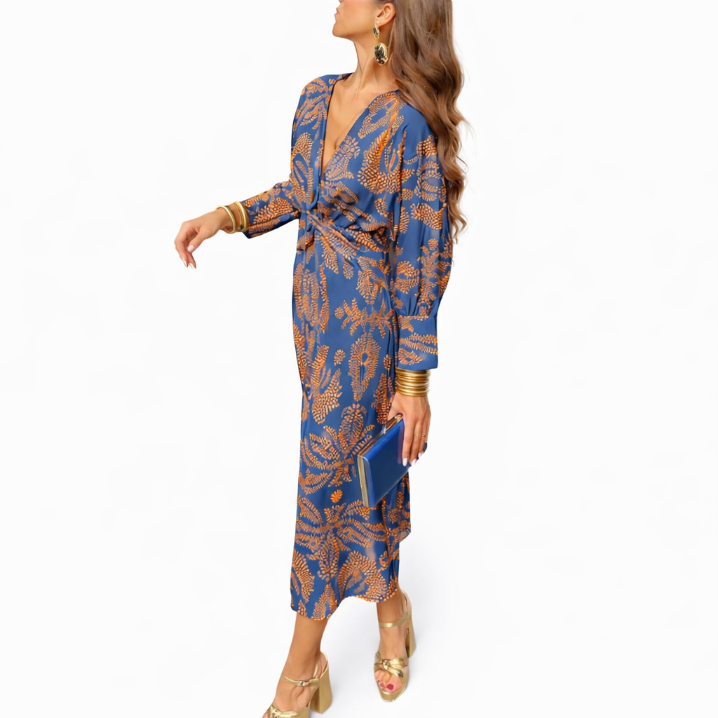 Isadora – Vestido Midi Elegante con Estampado de Encanto Atemporal